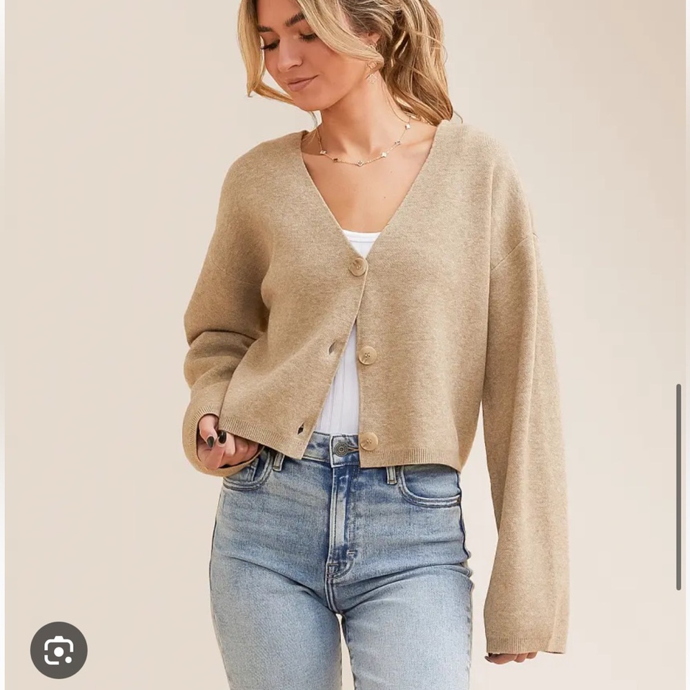 Z Supply Tan Button Up Estelle cropped Cardigan sweater l beige brown size XS